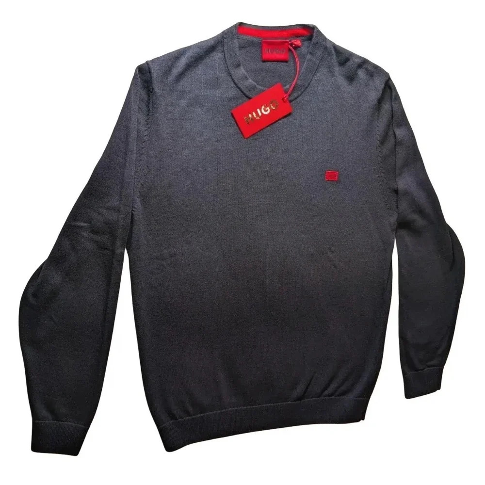 HUGO Boss Cassius Men's Black Cotton Crewneck Sweater Red Logo Sz L NWT $120 - Picture 8 of 9